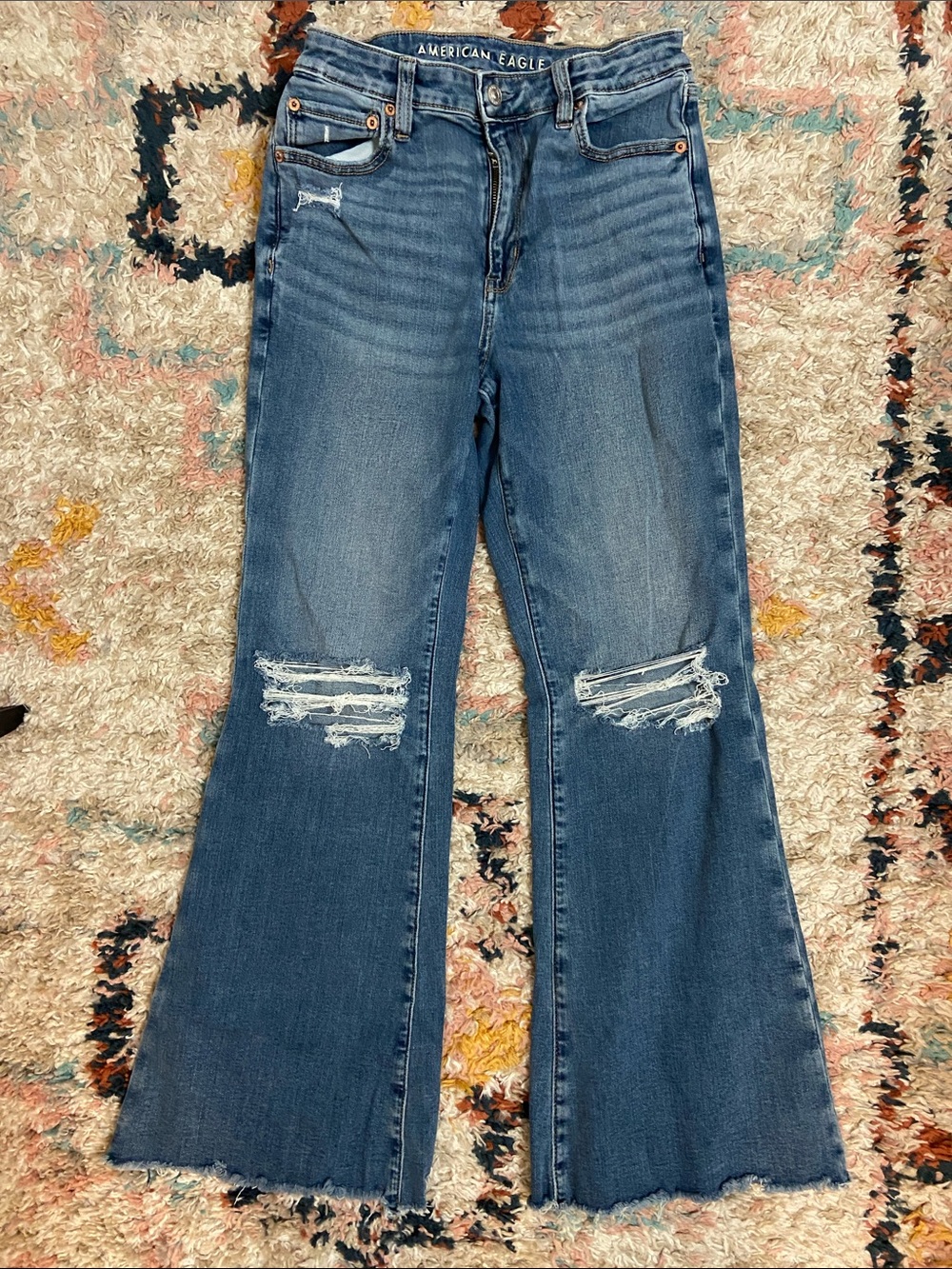 American Eagle Outfitters Super High Rise Distressed Flare Jeans 10Short